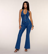 'Fit Check Denim Halter Lace-Up Jumpsuit
