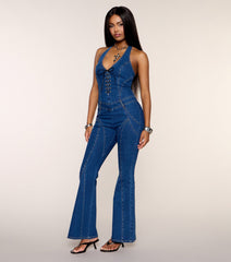 'Fit Check Denim Halter Lace-Up Jumpsuit